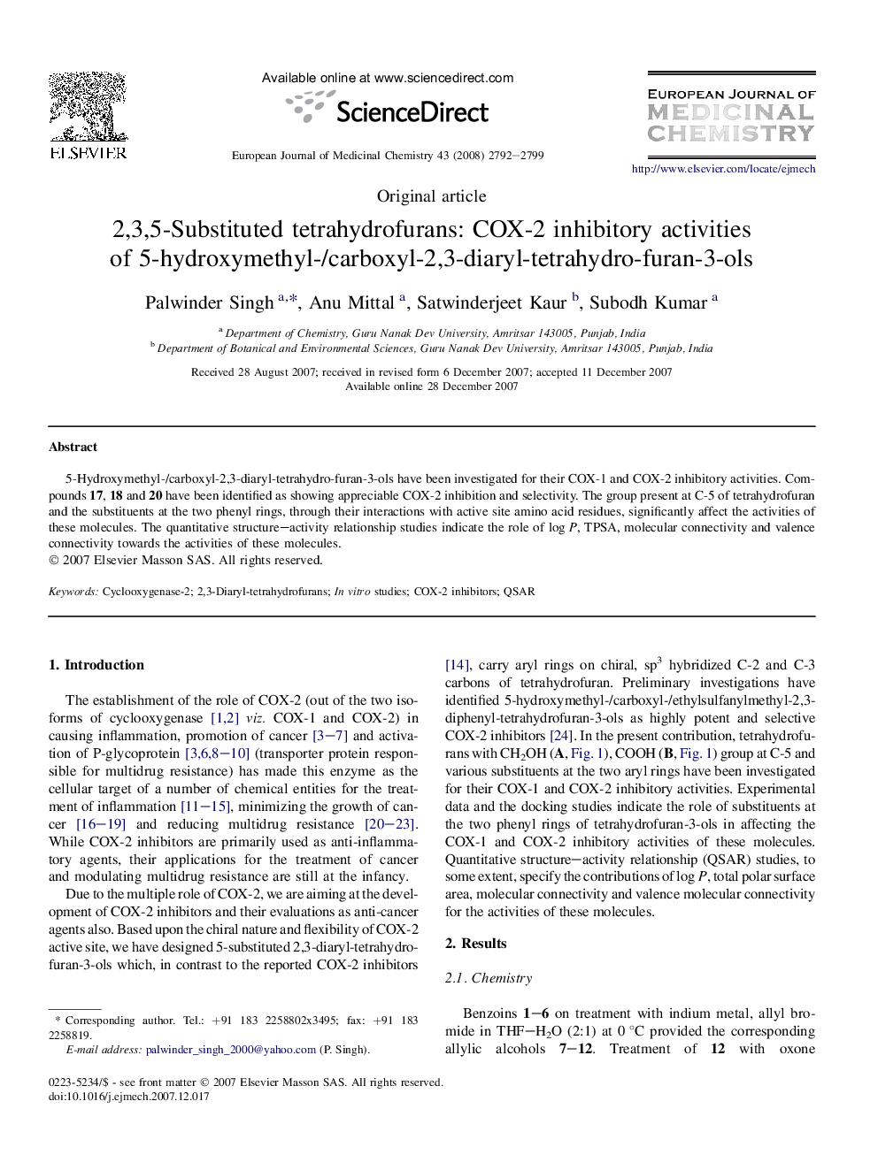 2,3,5-Substituted tetrahydrofurans: COX-2 inhibitory activities of 5-hydroxymethyl-/carboxyl-2,3-diaryl-tetrahydro-furan-3-ols