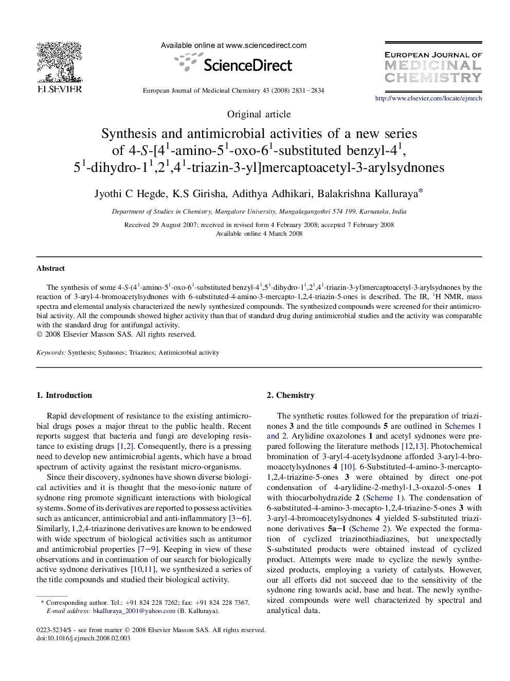 Synthesis and antimicrobial activities of a new series of 4-S-[41-amino-51-oxo-61-substituted benzyl-41,51-dihydro-11,21,41-triazin-3-yl]mercaptoacetyl-3-arylsydnones