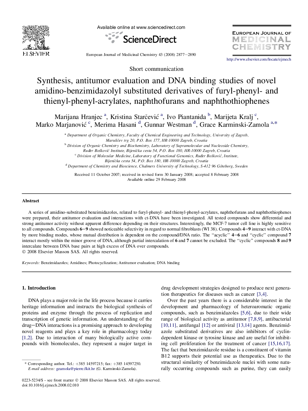 Synthesis, antitumor evaluation and DNA binding studies of novel amidino-benzimidazolyl substituted derivatives of furyl-phenyl- and thienyl-phenyl-acrylates, naphthofurans and naphthothiophenes