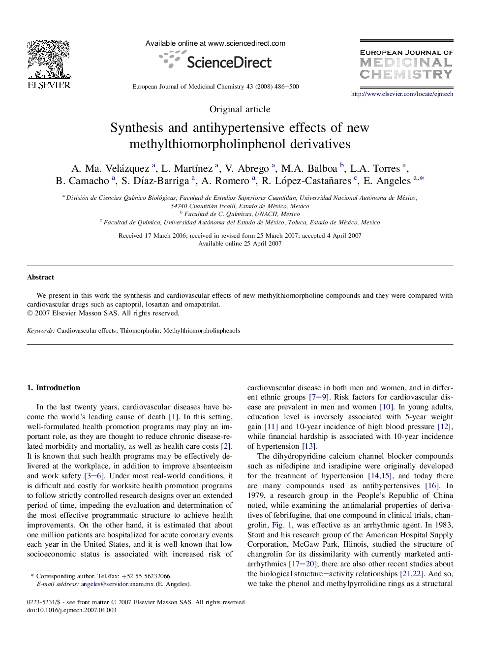 Synthesis and antihypertensive effects of new methylthiomorpholinphenol derivatives