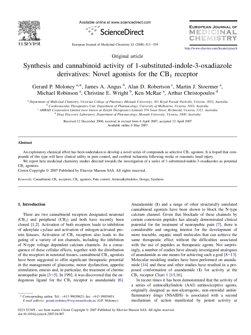 Synthesis and cannabinoid activity of 1-substituted-indole-3-oxadiazole derivatives: Novel agonists for the CB1 receptor