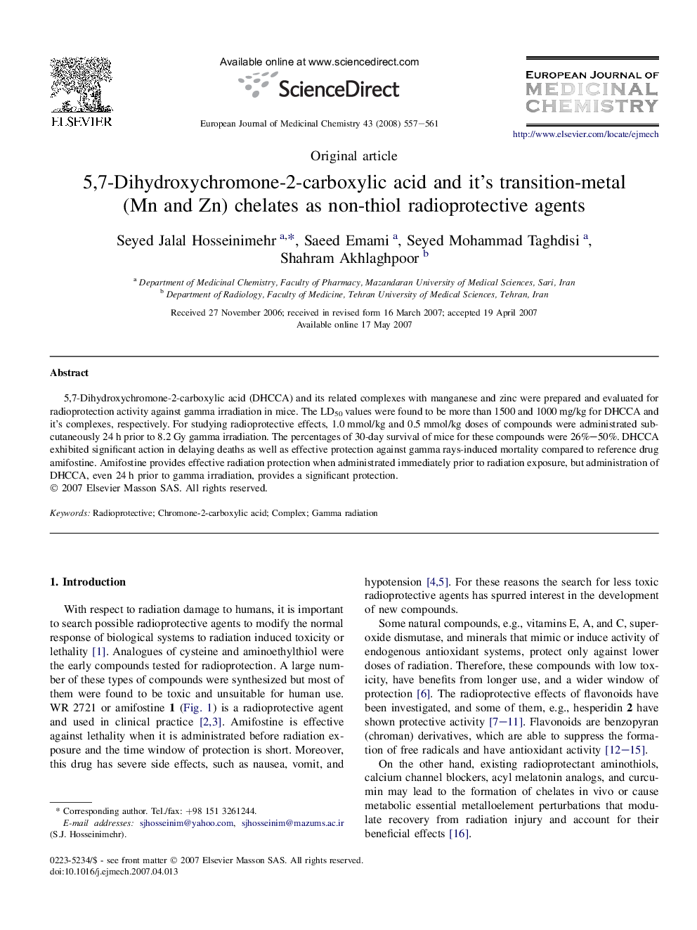 5,7-Dihydroxychromone-2-carboxylic acid and it's transition-metal (Mn and Zn) chelates as non-thiol radioprotective agents