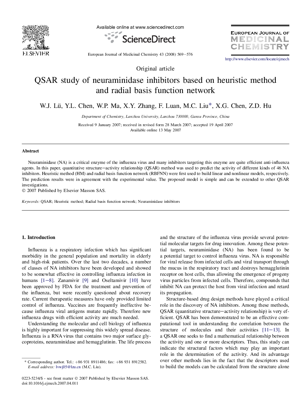 QSAR study of neuraminidase inhibitors based on heuristic method and radial basis function network