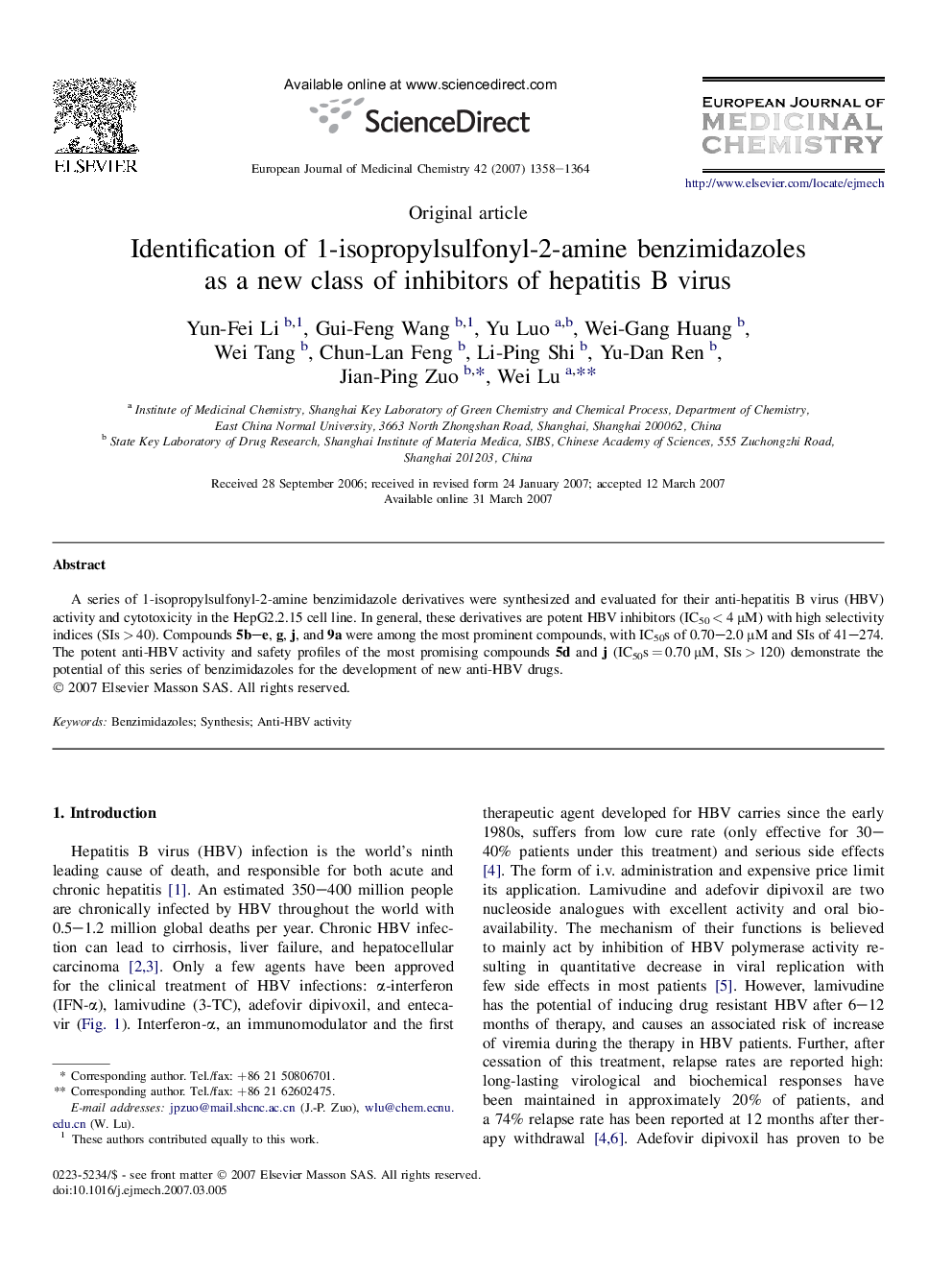 Identification of 1-isopropylsulfonyl-2-amine benzimidazoles as a new class of inhibitors of hepatitis B virus