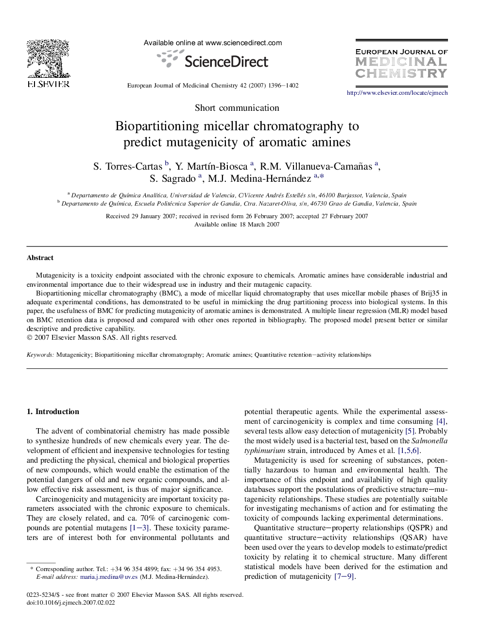 Biopartitioning micellar chromatography to predict mutagenicity of aromatic amines