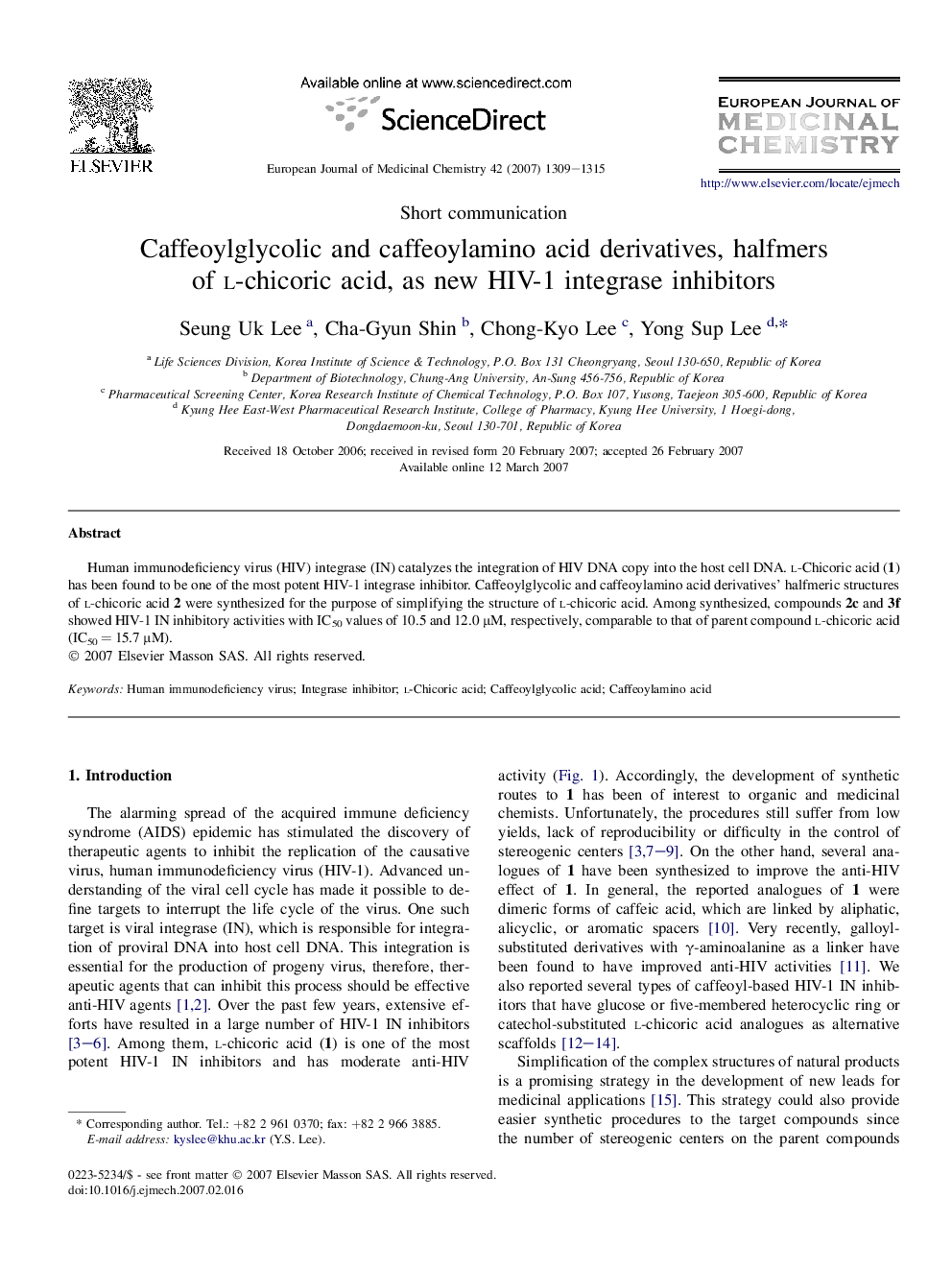 Caffeoylglycolic and caffeoylamino acid derivatives, halfmers of l-chicoric acid, as new HIV-1 integrase inhibitors