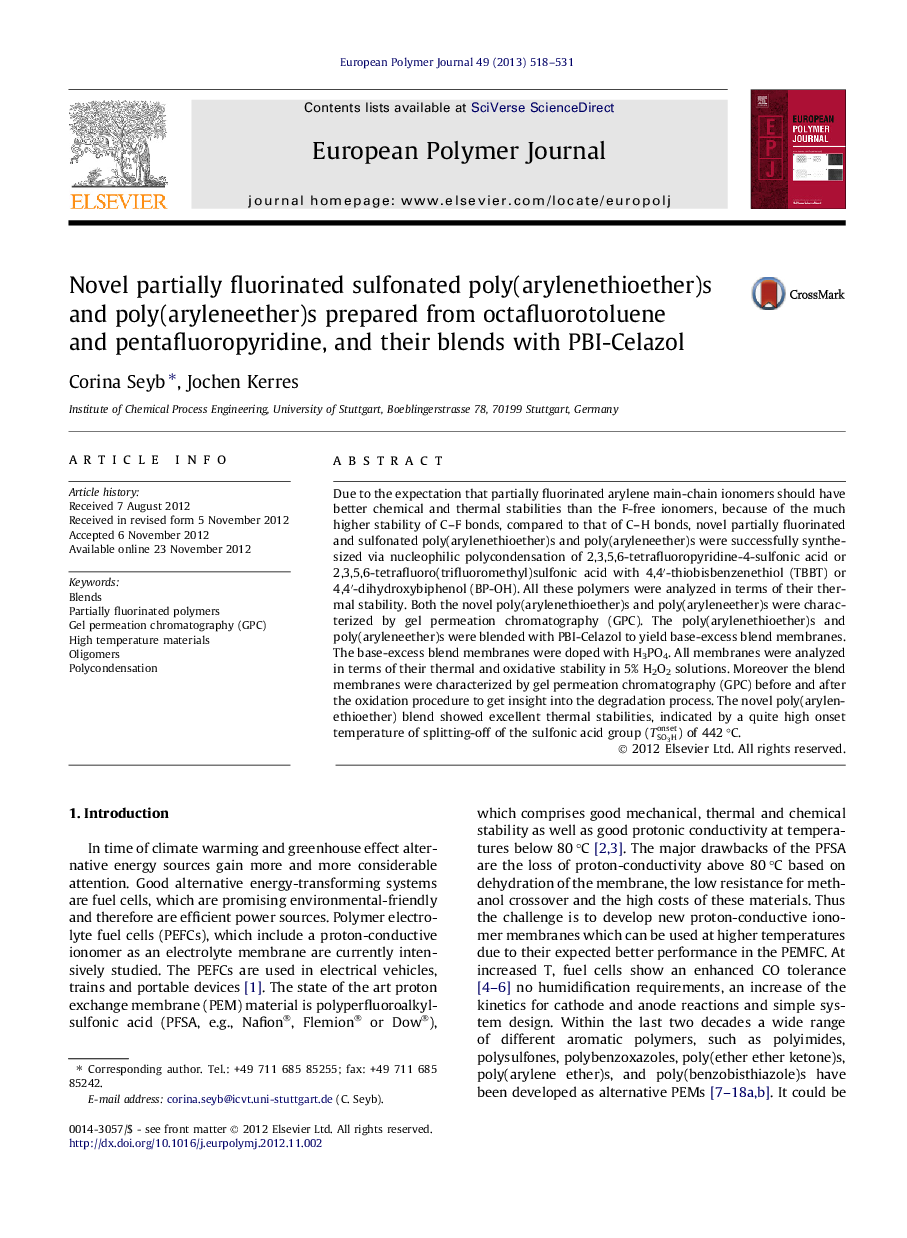 عکس صفحه اول مقاله: Novel partially fluorinated sulfonated poly(arylenethioether)s and poly(aryleneether)s prepared from octafluorotoluene and pentafluoropyridine, and their blends with PBI-Celazol Novel partially fluorinated sulfonated poly(arylenethioether)s and poly(aryleneether)s prepared from octafluorotoluene and pentafluoropyridine, and their blends with PBI-Celazol