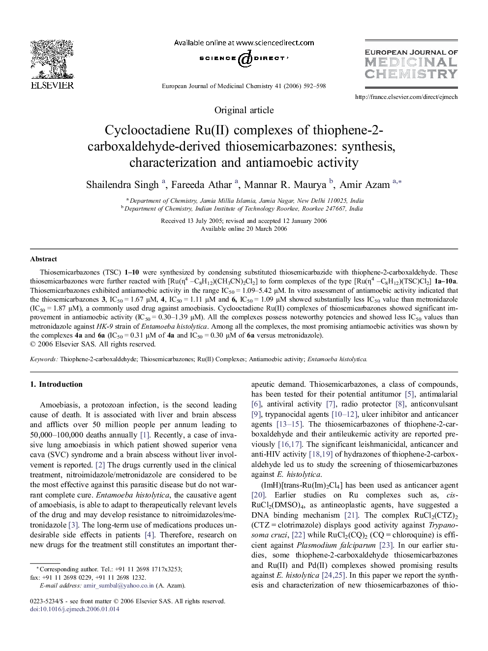 Cyclooctadiene Ru(II) complexes of thiophene-2-carboxaldehyde-derived thiosemicarbazones: synthesis, characterization and antiamoebic activity