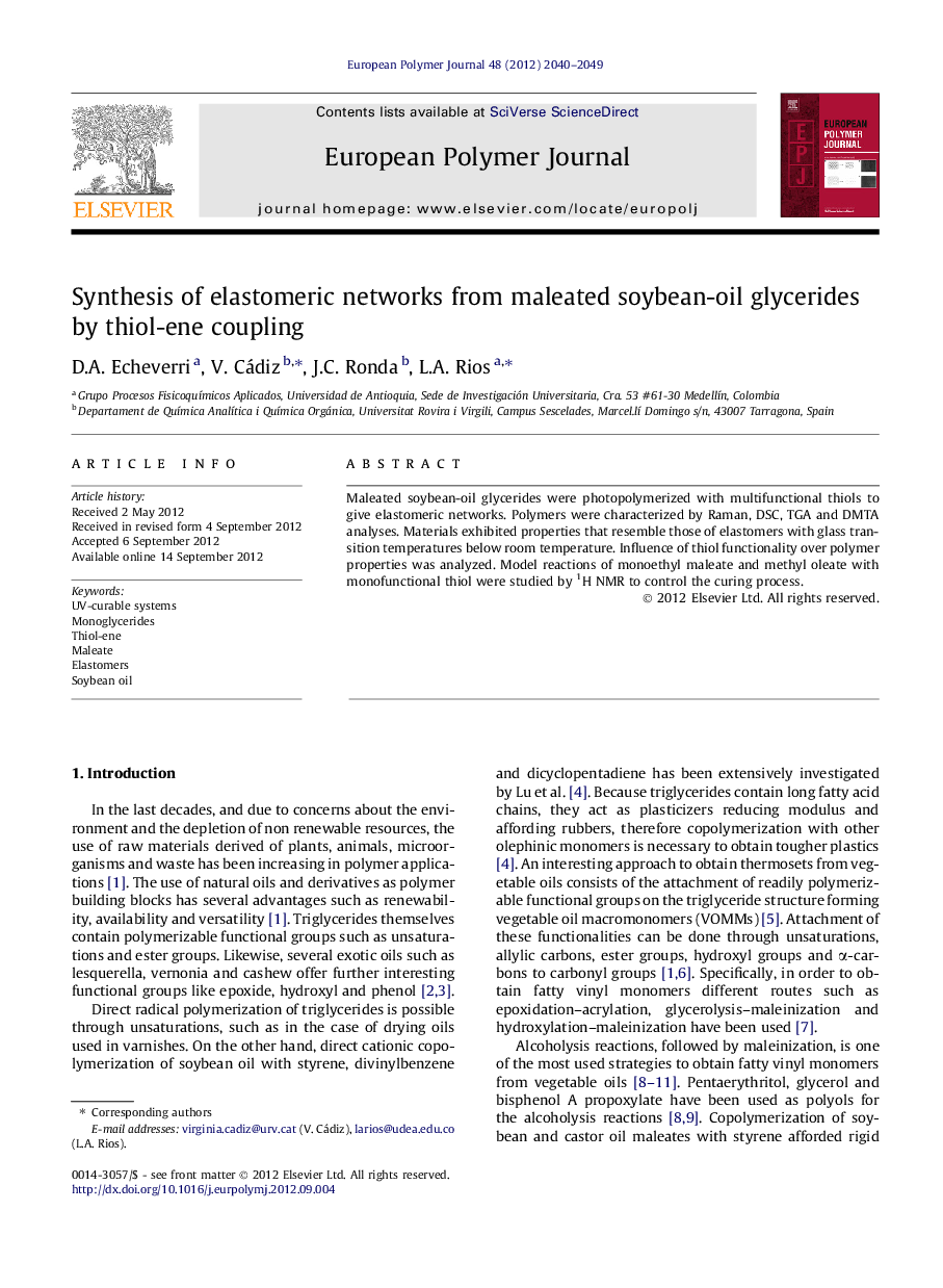 Synthesis of elastomeric networks from maleated soybean-oil glycerides by thiol-ene coupling