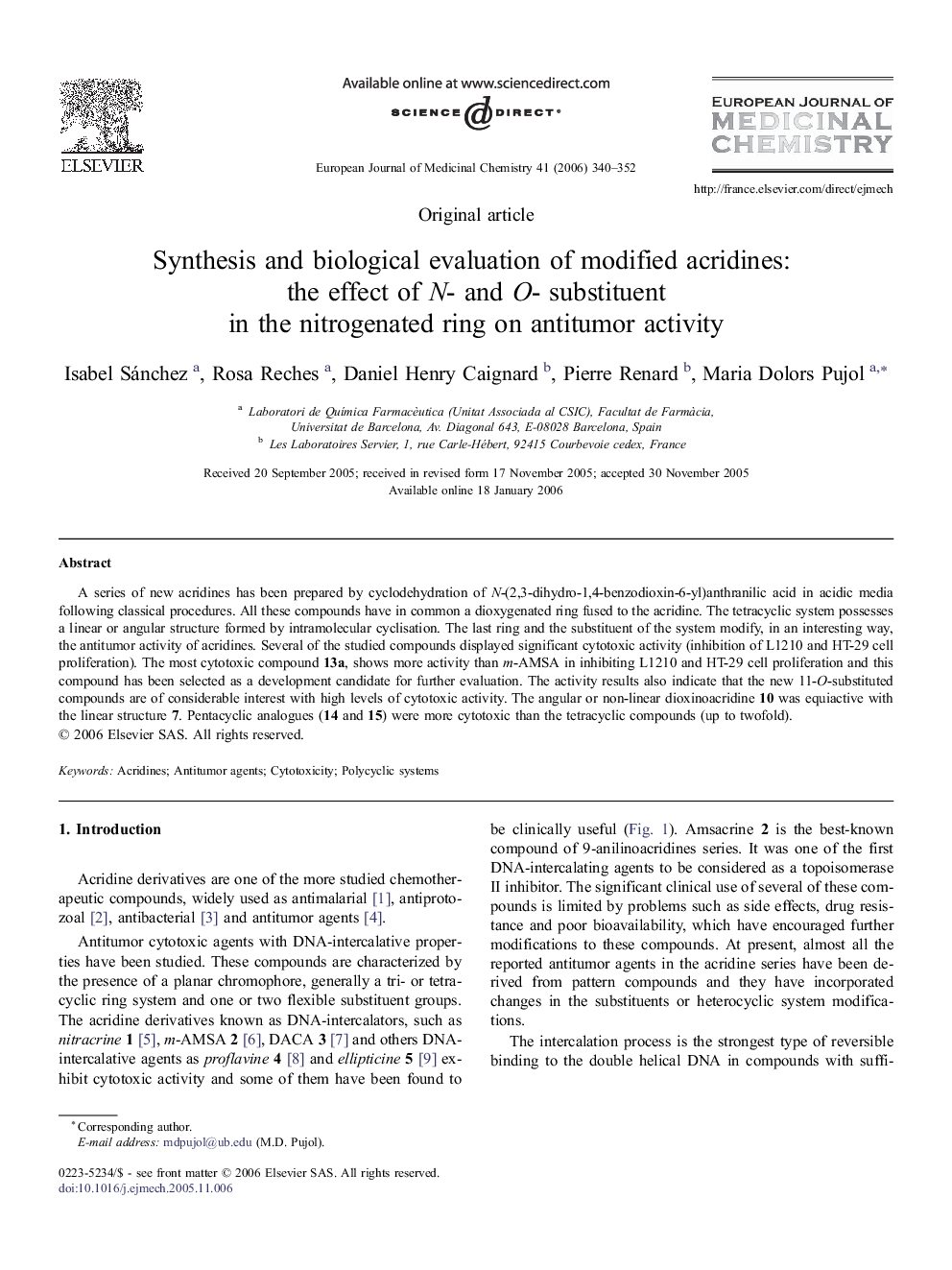 Synthesis and biological evaluation of modified acridines: the effect of N- and O- substituent in the nitrogenated ring on antitumor activity