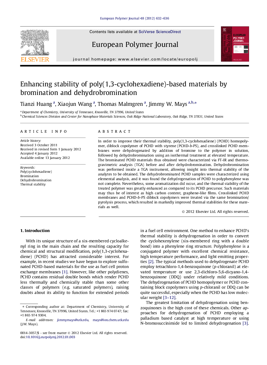 Enhancing stability of poly(1,3-cyclohexadiene)-based materials by bromination and dehydrobromination