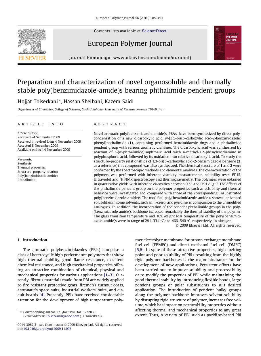 Preparation and characterization of novel organosoluble and thermally stable poly(benzimidazole-amide)s bearing phthalimide pendent groups