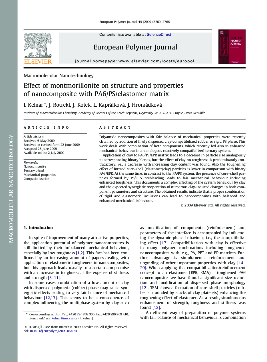 Effect of montmorillonite on structure and properties of nanocomposite with PA6/PS/elastomer matrix