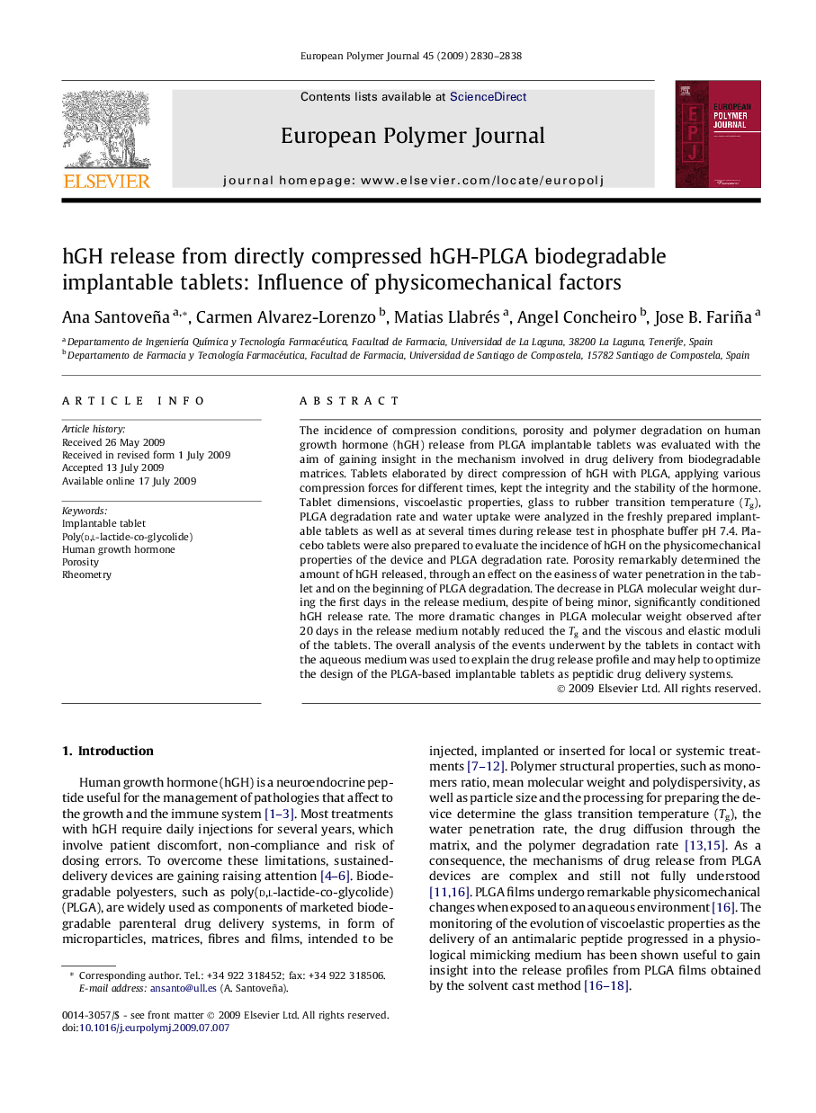 hGH release from directly compressed hGH-PLGA biodegradable implantable tablets: Influence of physicomechanical factors