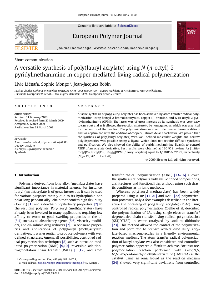 A versatile synthesis of poly(lauryl acrylate) using N-(n-octyl)-2-pyridylmethanimine in copper mediated living radical polymerization