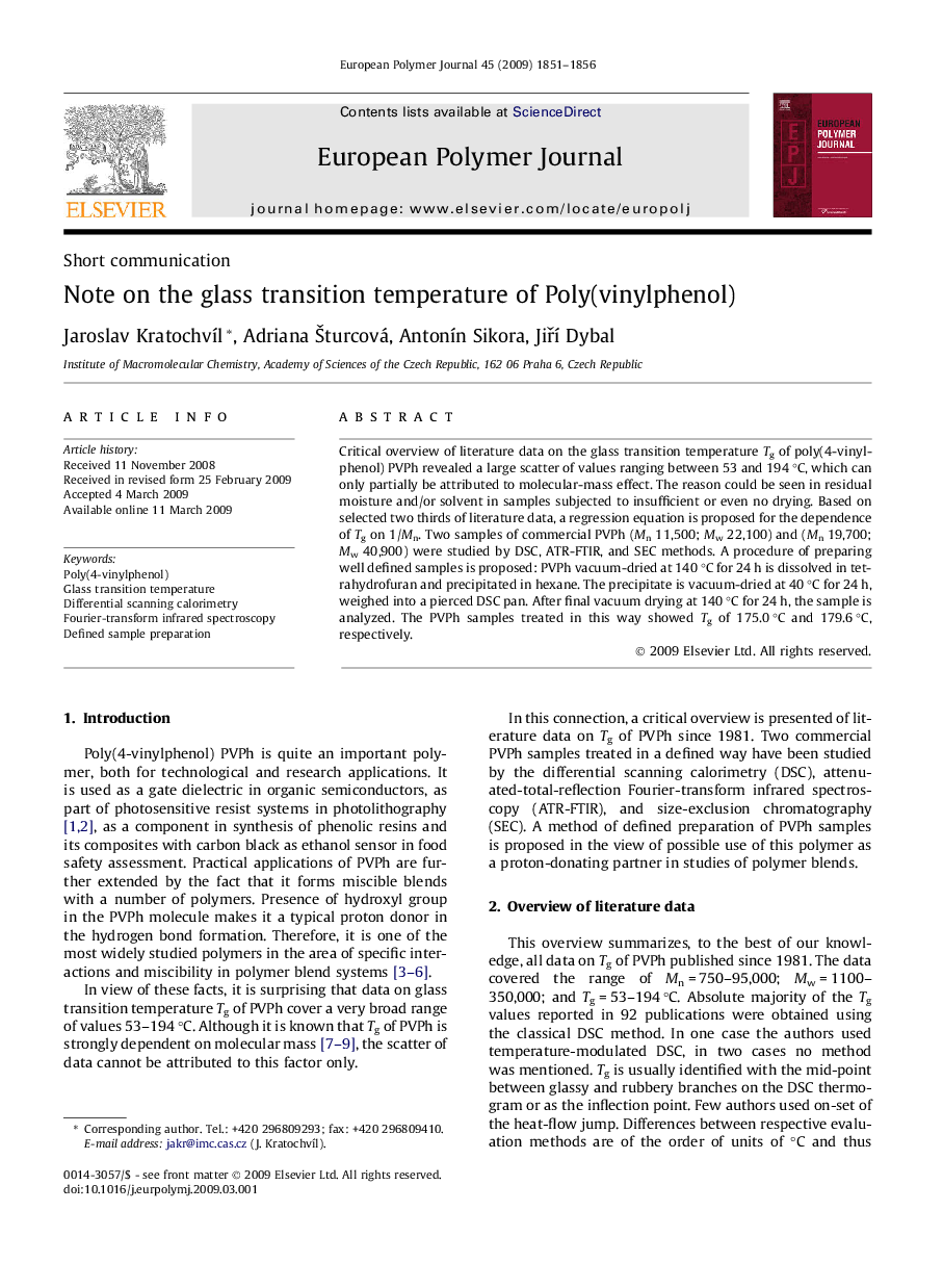 Note on the glass transition temperature of Poly(vinylphenol)