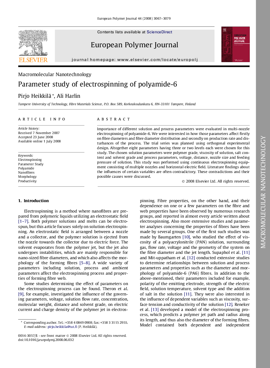 Parameter study of electrospinning of polyamide-6