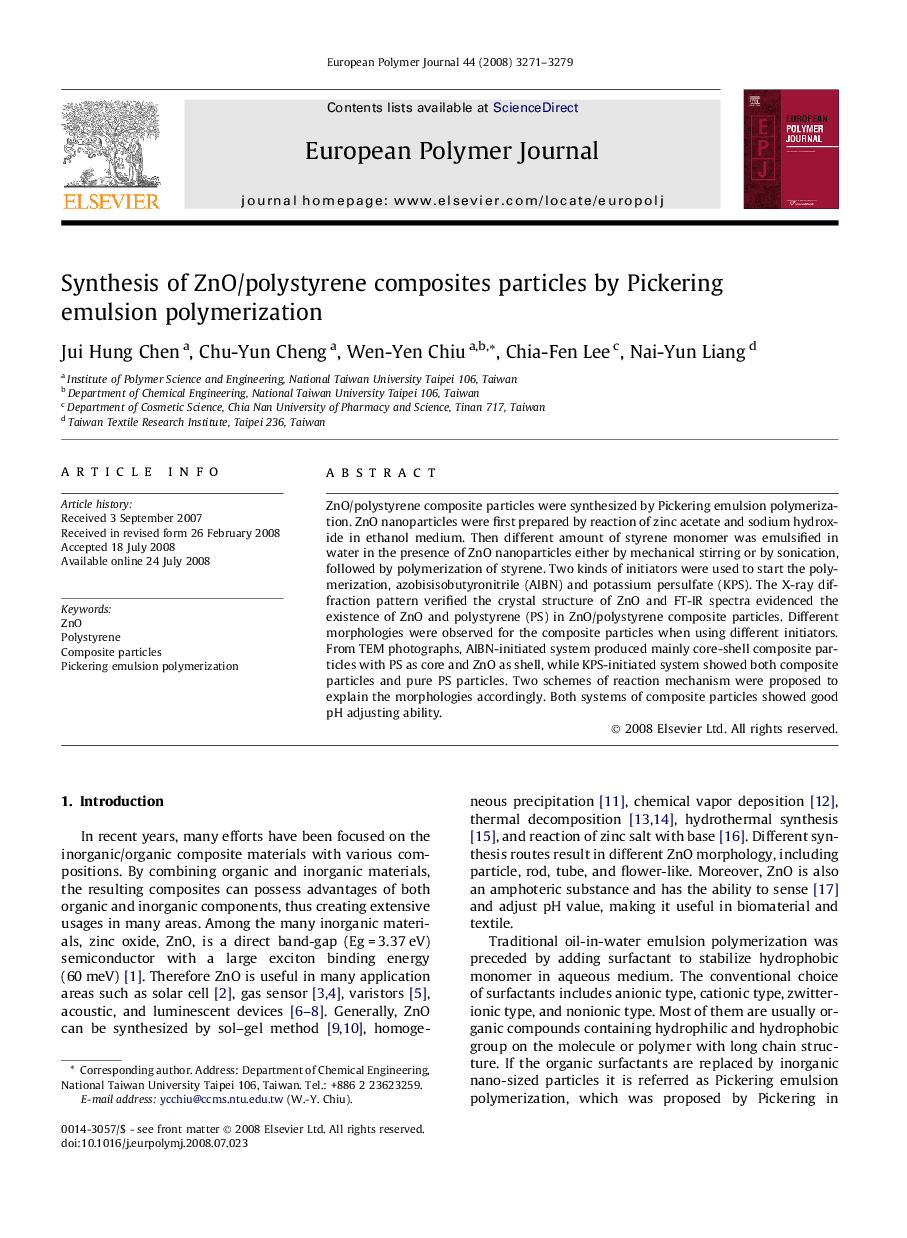 Synthesis of ZnO/polystyrene composites particles by Pickering emulsion polymerization