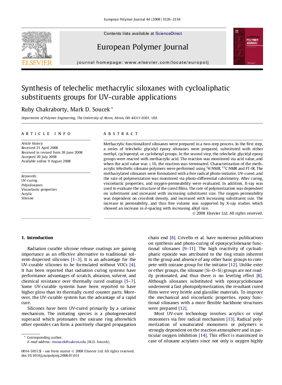 Synthesis of telechelic methacrylic siloxanes with cycloaliphatic substituents groups for UV-curable applications