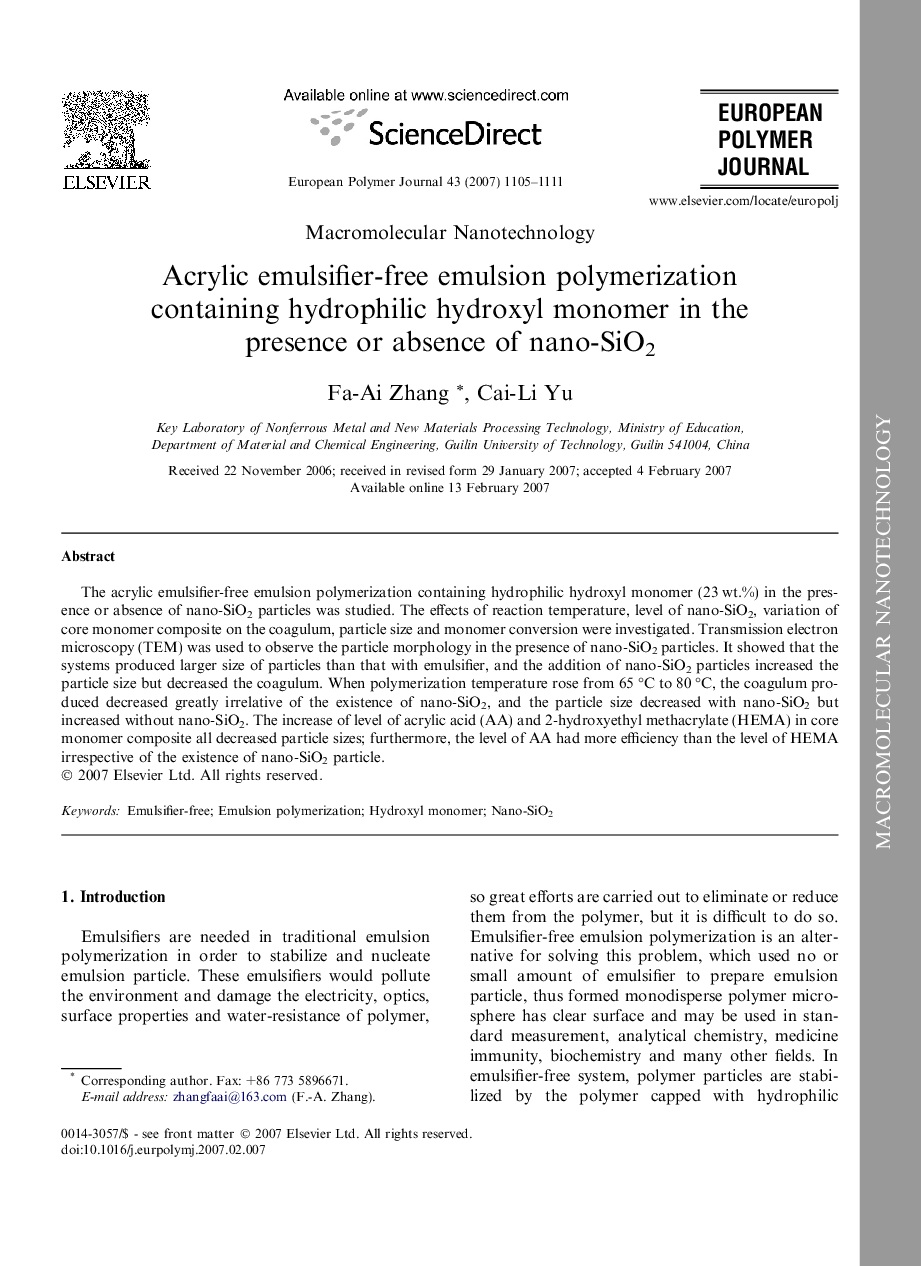 Acrylic emulsifier-free emulsion polymerization containing hydrophilic hydroxyl monomer in the presence or absence of nano-SiO2