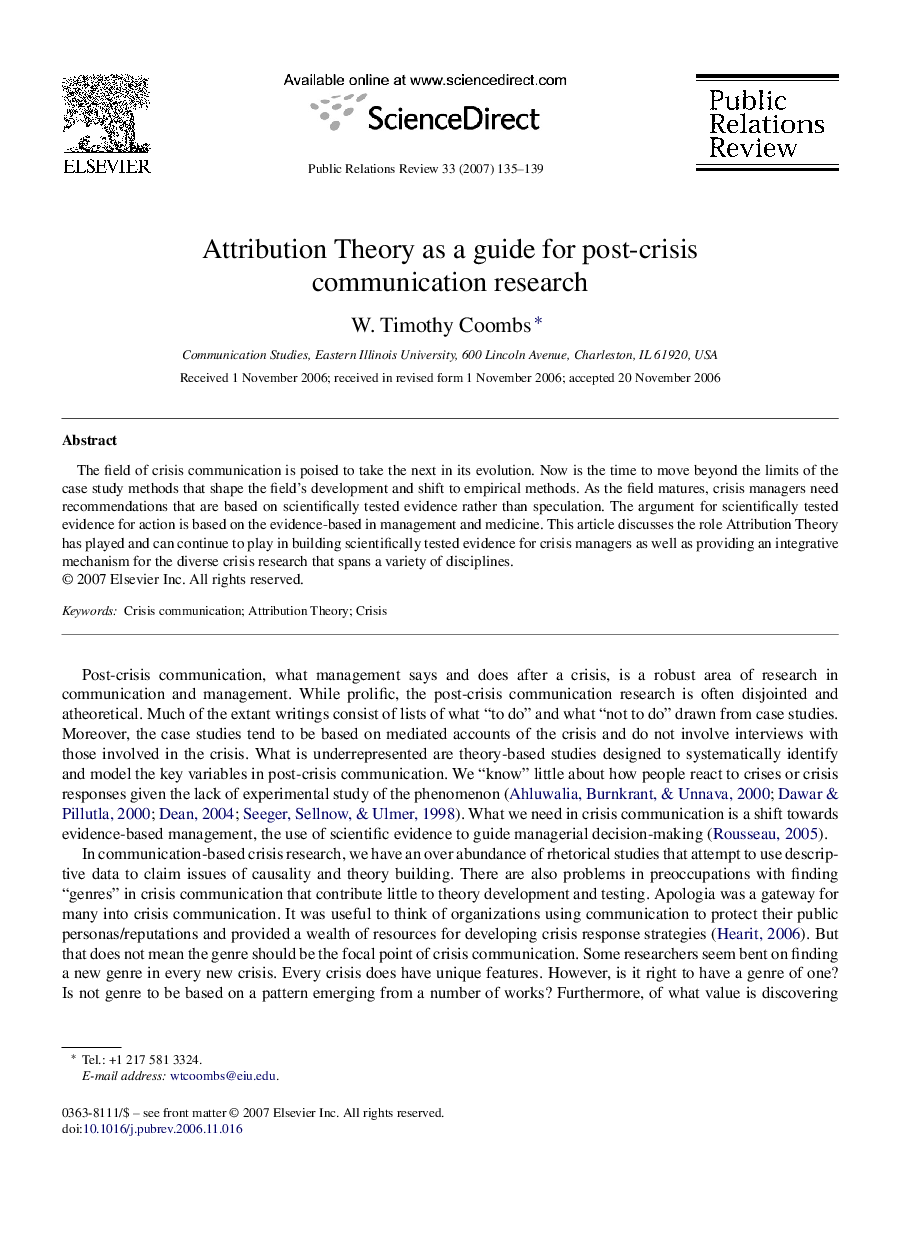 عکس صفحه اول مقاله: Attribution Theory as a guide for post-crisis communication research Attribution Theory as a guide for post-crisis communication research