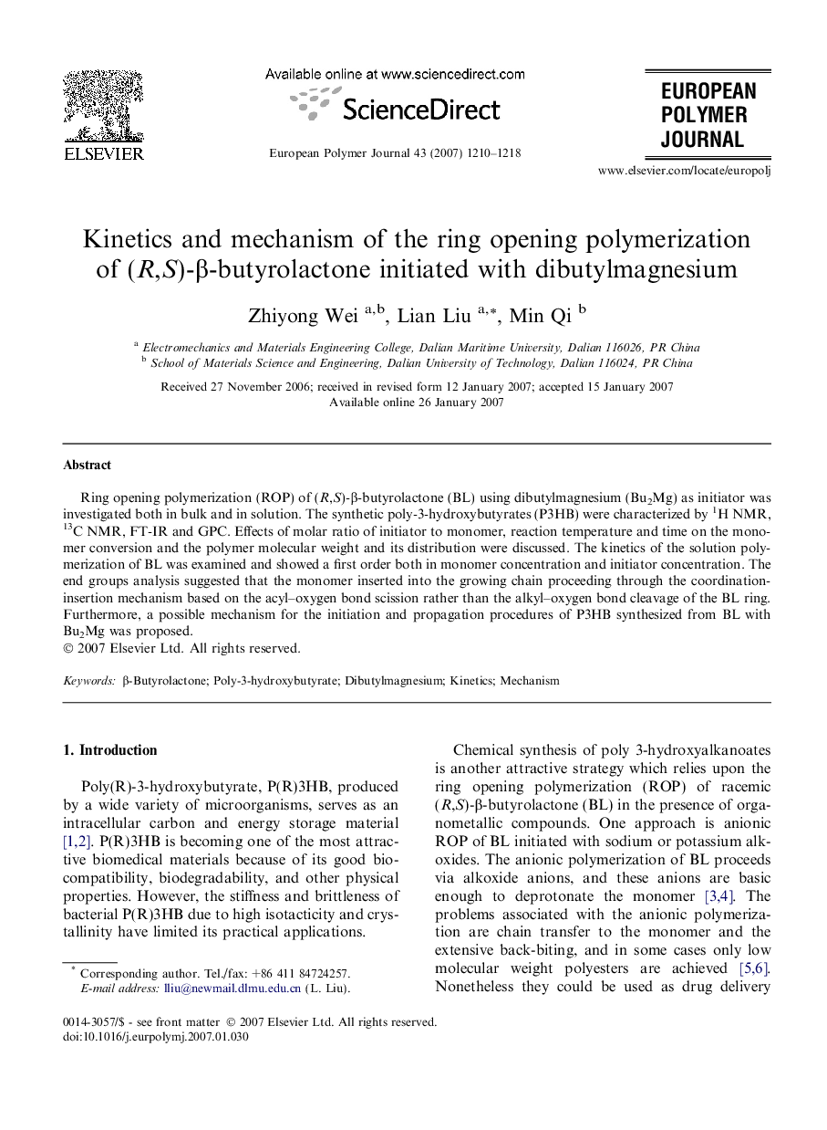 Kinetics and mechanism of the ring opening polymerization of (R,S)-β-butyrolactone initiated with dibutylmagnesium