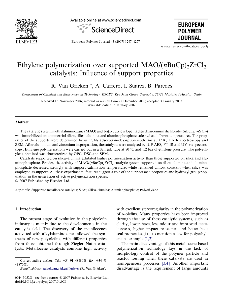 Ethylene polymerization over supported MAO/(nBuCp)2ZrCl2 catalysts: Influence of support properties