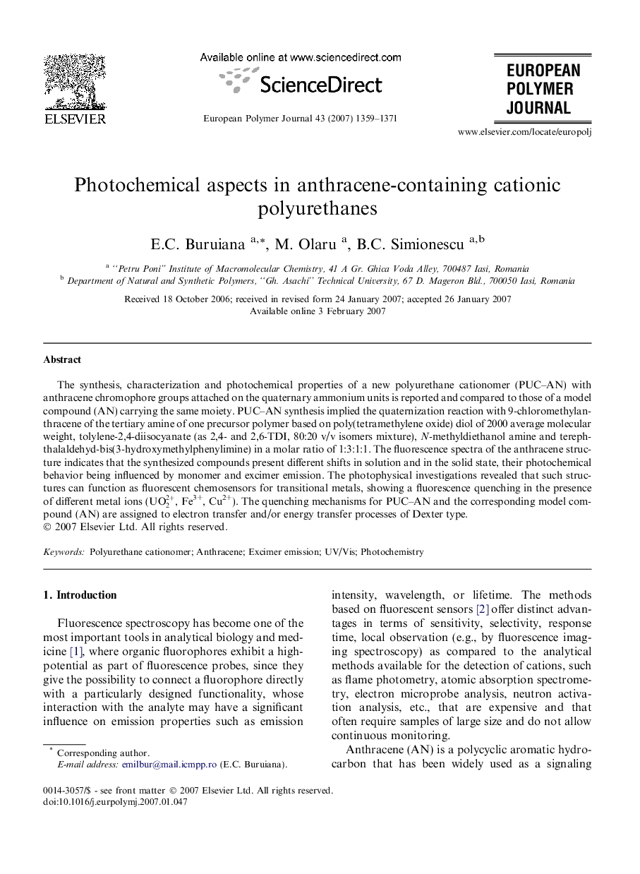 Photochemical aspects in anthracene-containing cationic polyurethanes