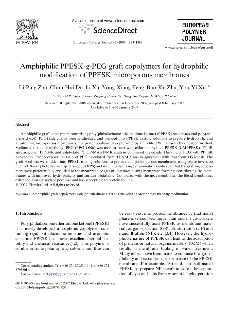 Amphiphilic PPESK-g-PEG graft copolymers for hydrophilic modification of PPESK microporous membranes