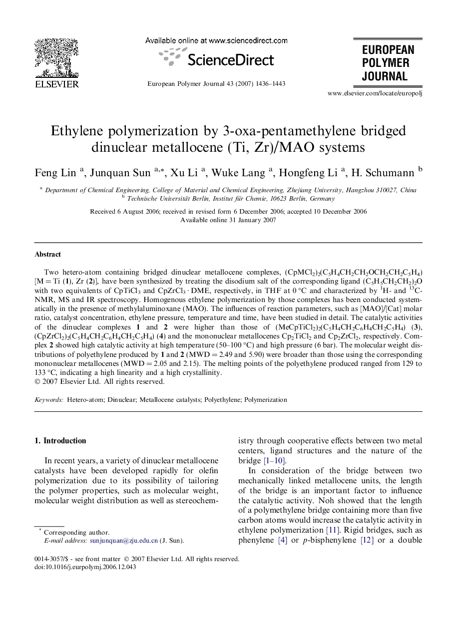 Ethylene polymerization by 3-oxa-pentamethylene bridged dinuclear metallocene (Ti, Zr)/MAO systems