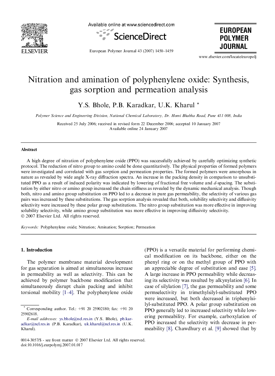 Nitration and amination of polyphenylene oxide: Synthesis, gas sorption and permeation analysis