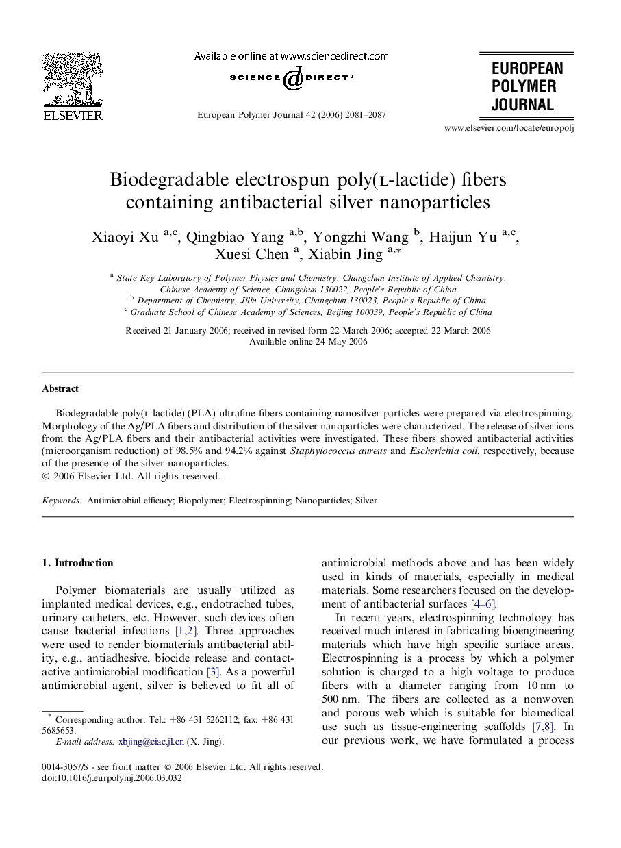 Biodegradable electrospun poly(l-lactide) fibers containing antibacterial silver nanoparticles