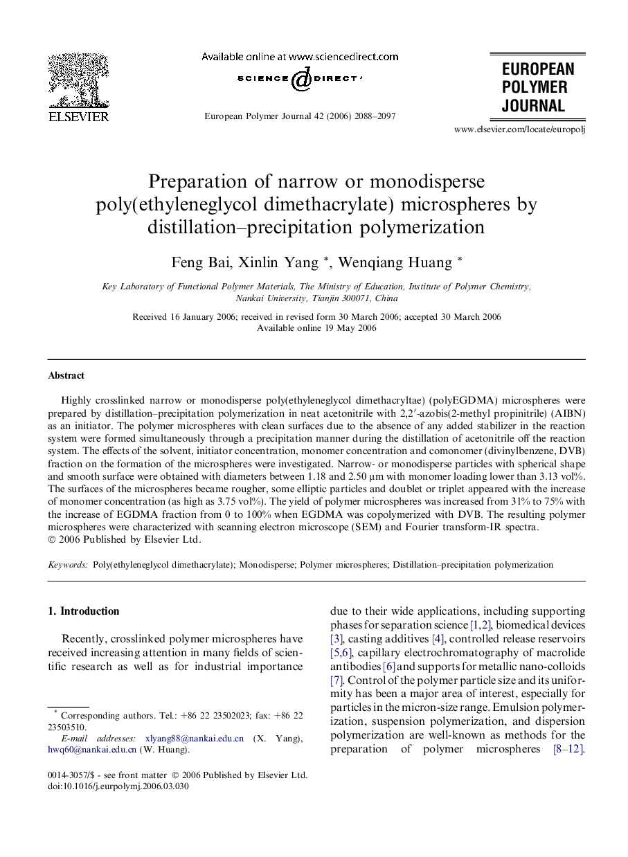Preparation of narrow or monodisperse poly(ethyleneglycol dimethacrylate) microspheres by distillation–precipitation polymerization