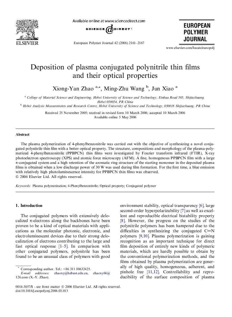 Deposition of plasma conjugated polynitrile thin films and their optical properties