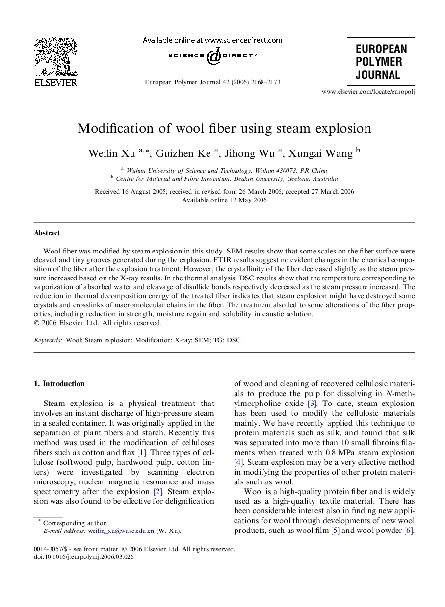 Modification of wool fiber using steam explosion