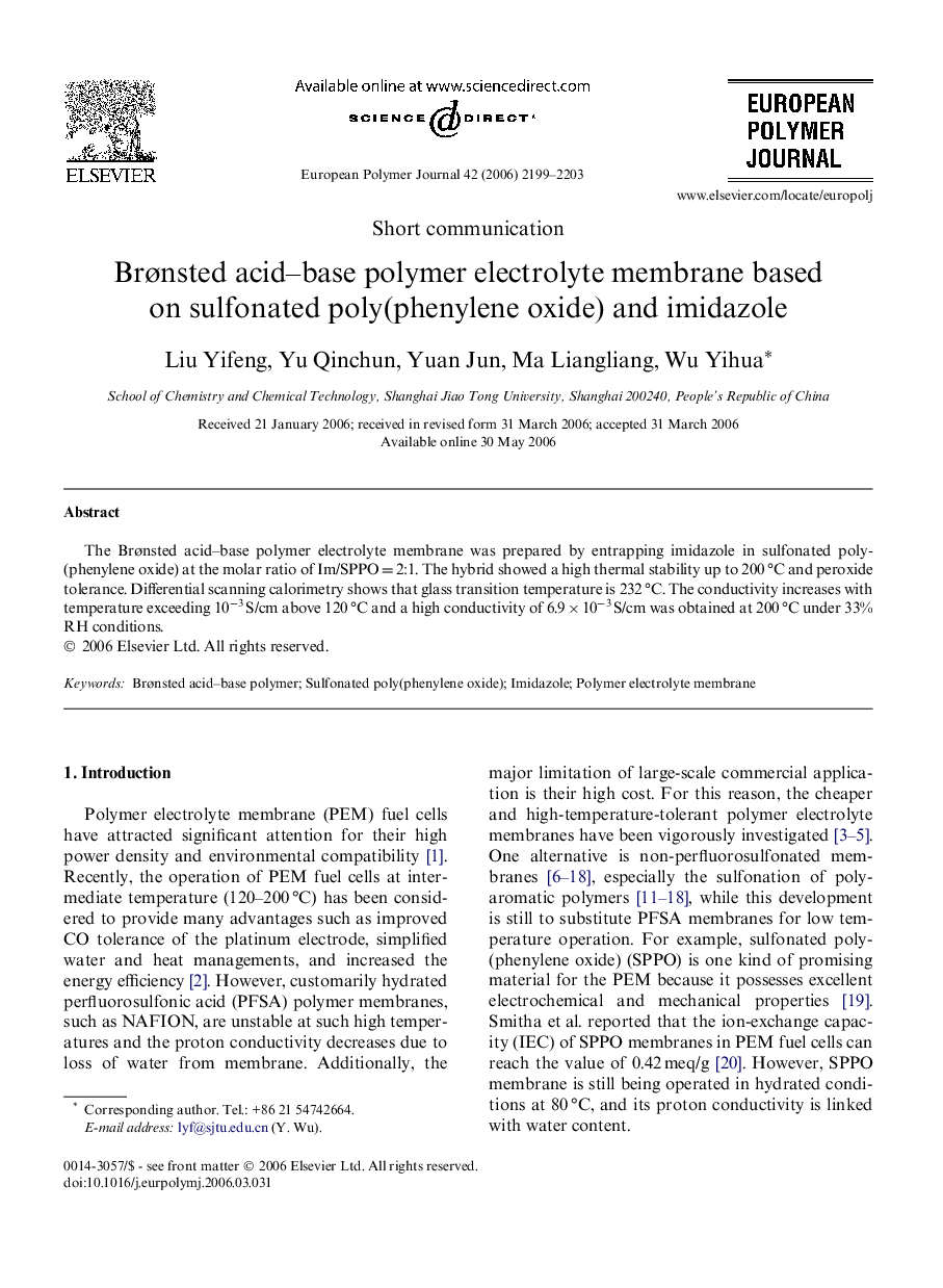 Brønsted acid–base polymer electrolyte membrane based on sulfonated poly(phenylene oxide) and imidazole