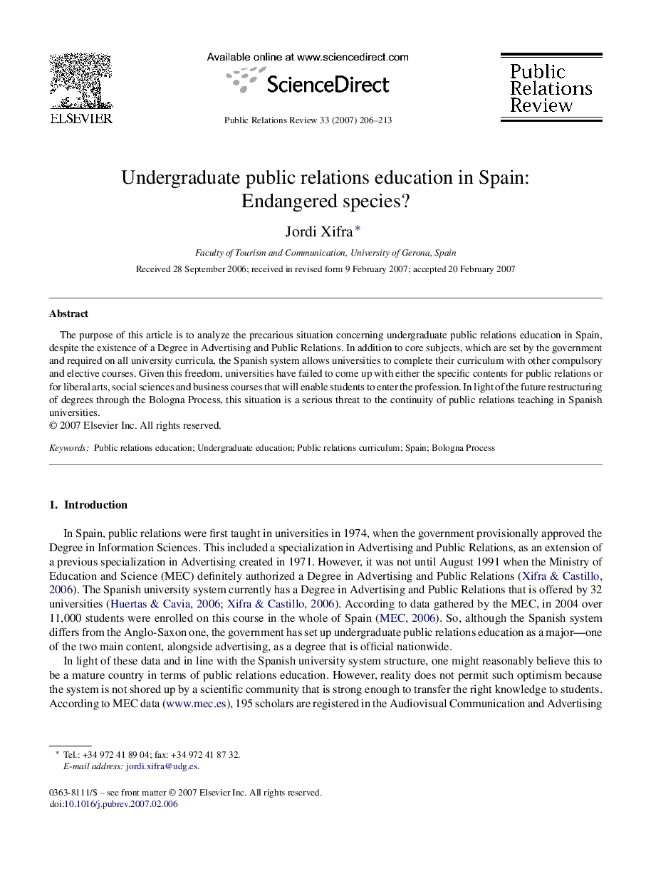 Undergraduate public relations education in Spain: Endangered species?