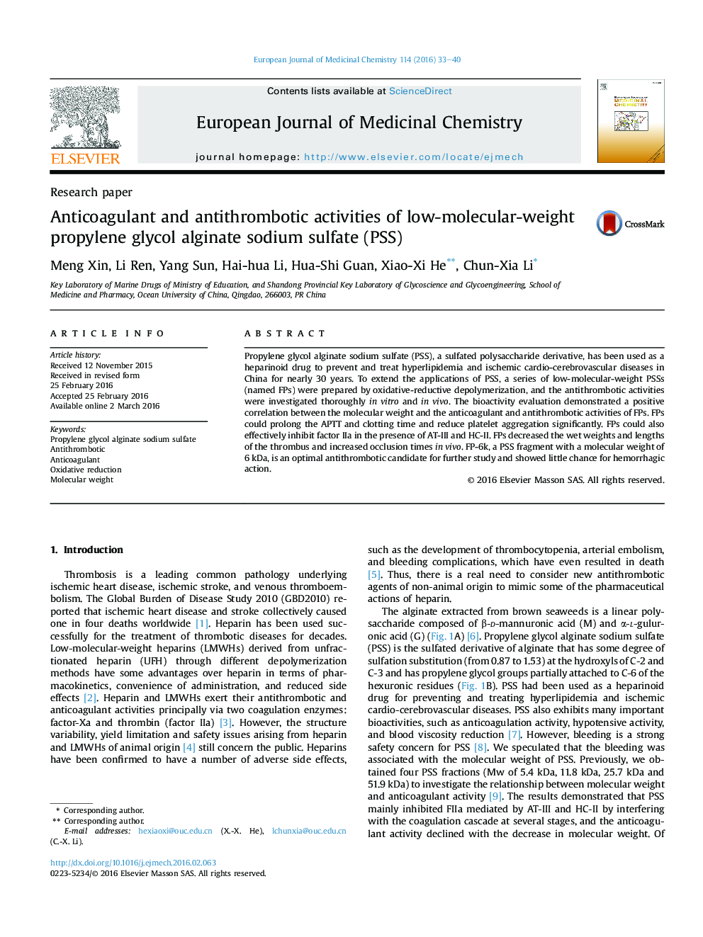 Anticoagulant and antithrombotic activities of low-molecular-weight propylene glycol alginate sodium sulfate (PSS)
