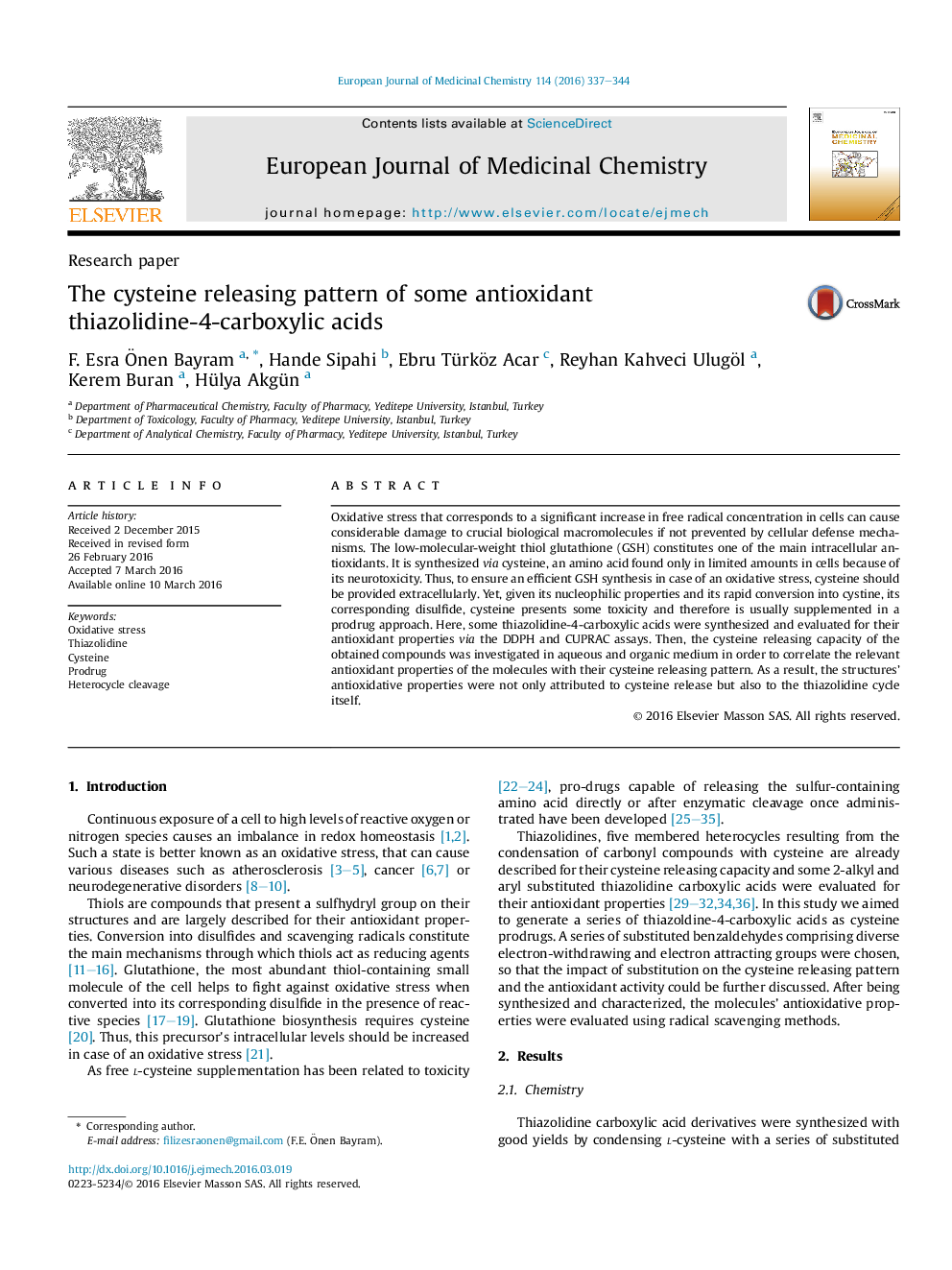 The cysteine releasing pattern of some antioxidant thiazolidine-4-carboxylic acids