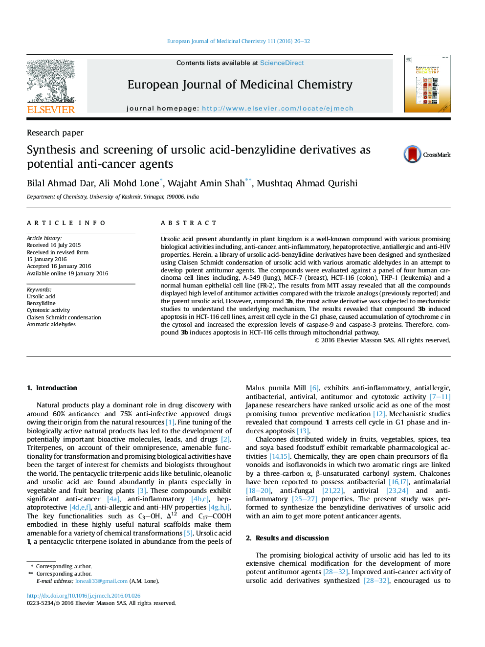 Synthesis and screening of ursolic acid-benzylidine derivatives as potential anti-cancer agents