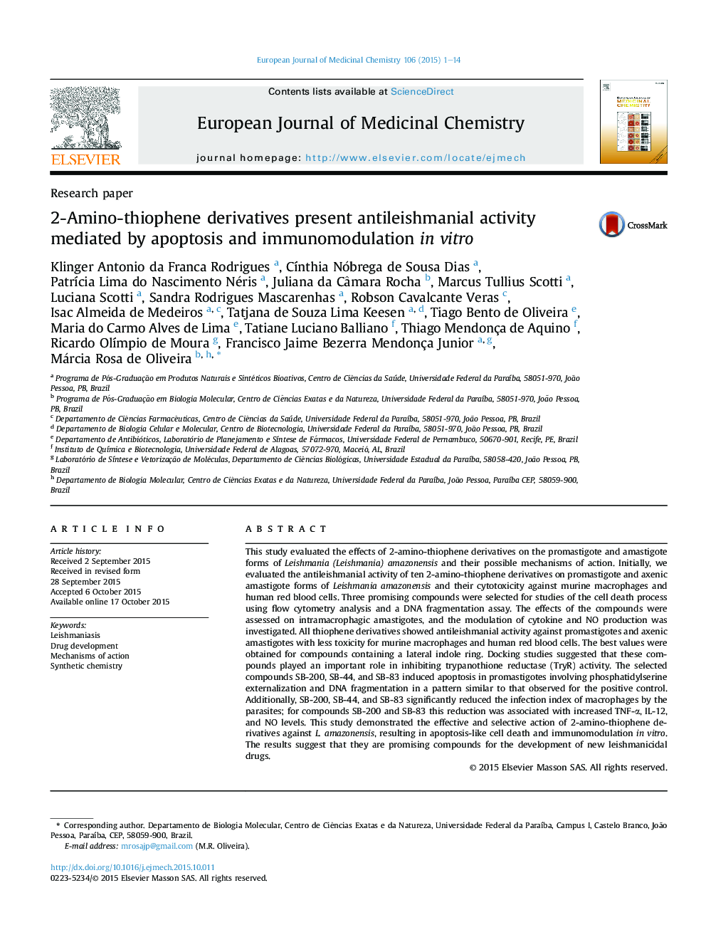 2-Amino-thiophene derivatives present antileishmanial activity mediated by apoptosis and immunomodulation inÂ vitro