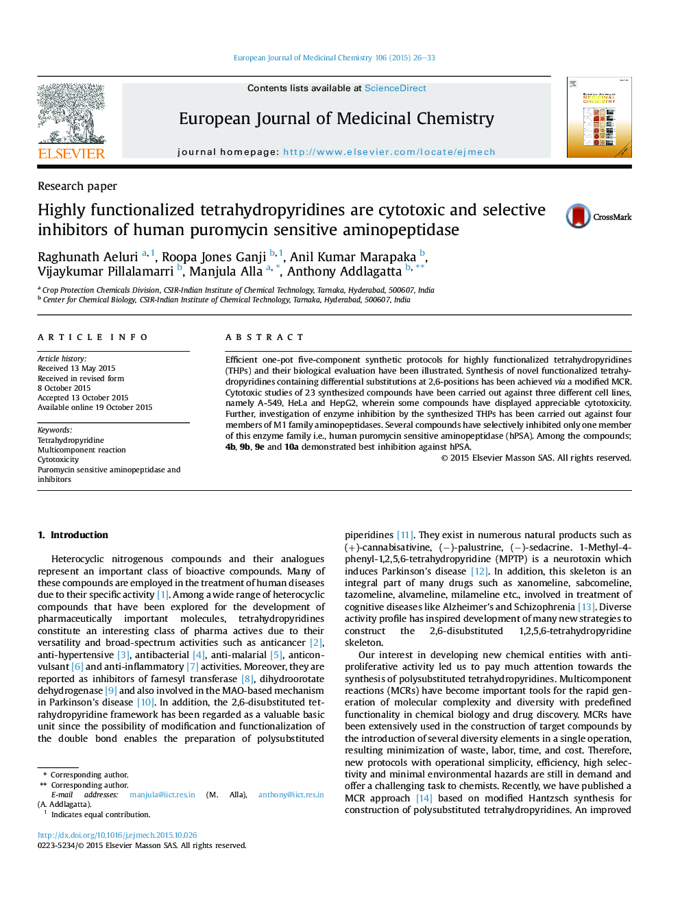 Highly functionalized tetrahydropyridines are cytotoxic and selective inhibitors of human puromycin sensitive aminopeptidase