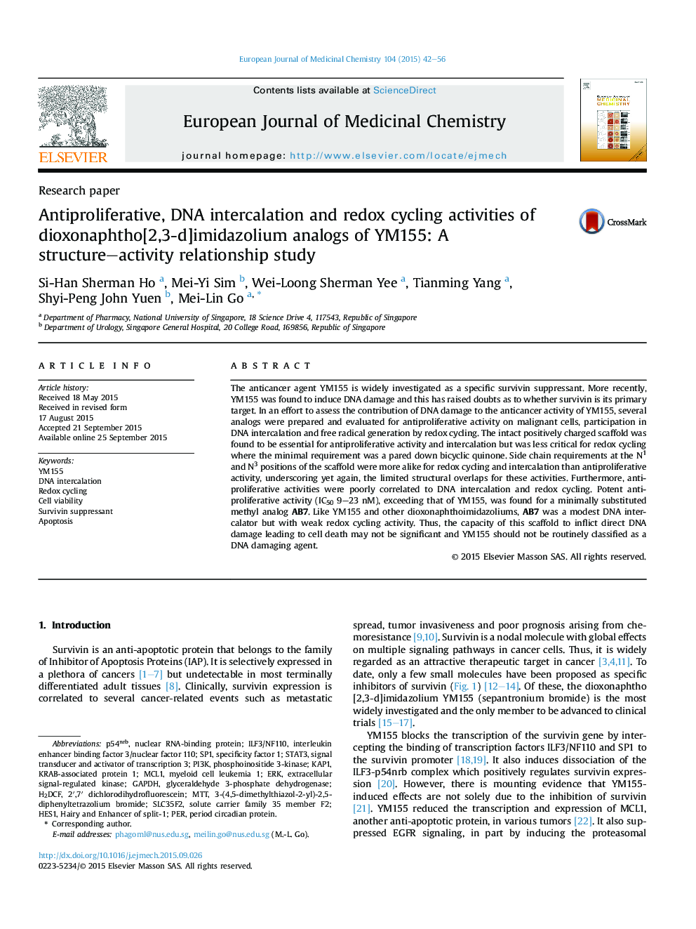 Antiproliferative, DNA intercalation and redox cycling activities of dioxonaphtho[2,3-d]imidazolium analogs of YM155: A structure-activity relationship study