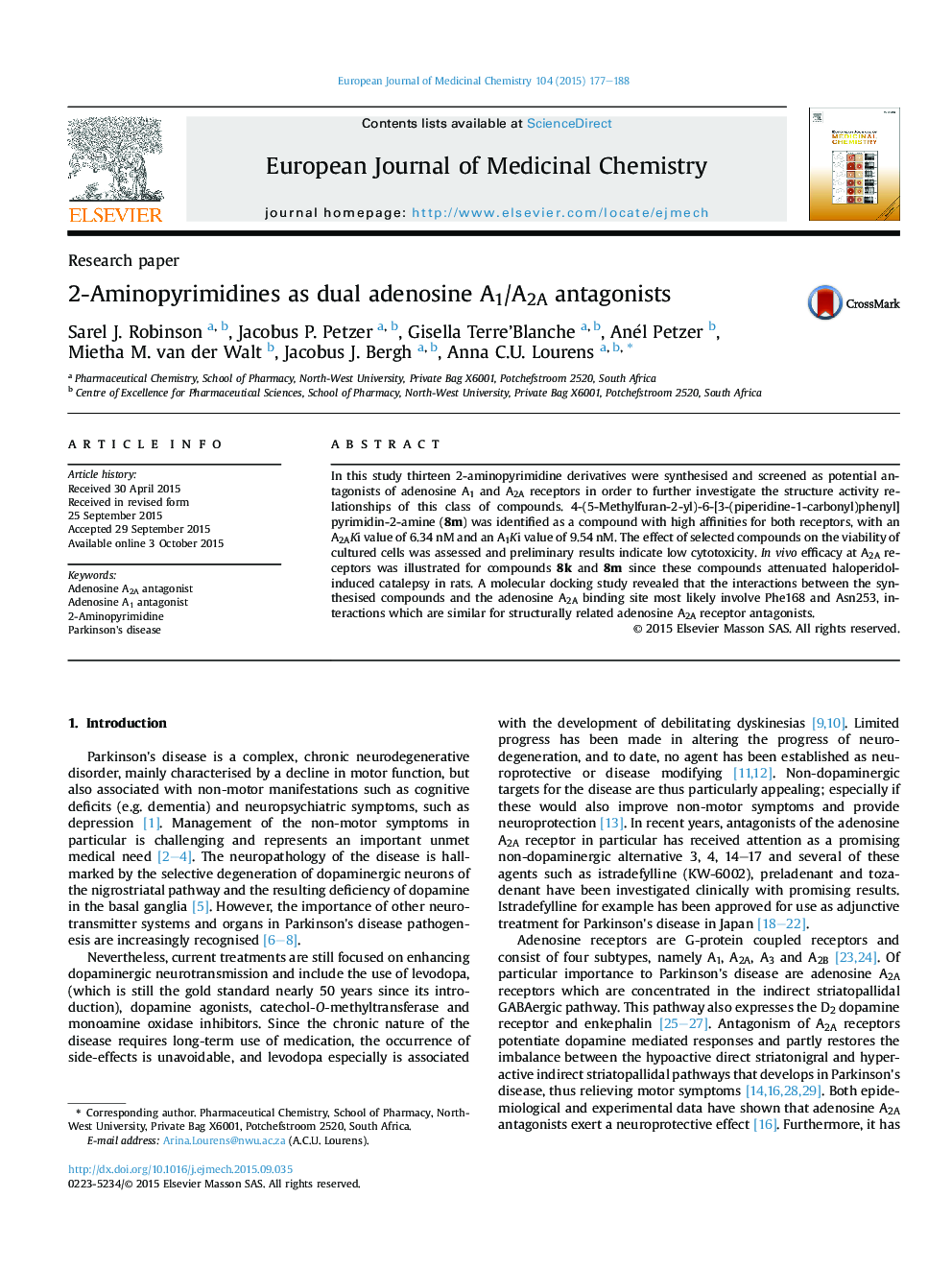 2-Aminopyrimidines as dual adenosine A1/A2A antagonists