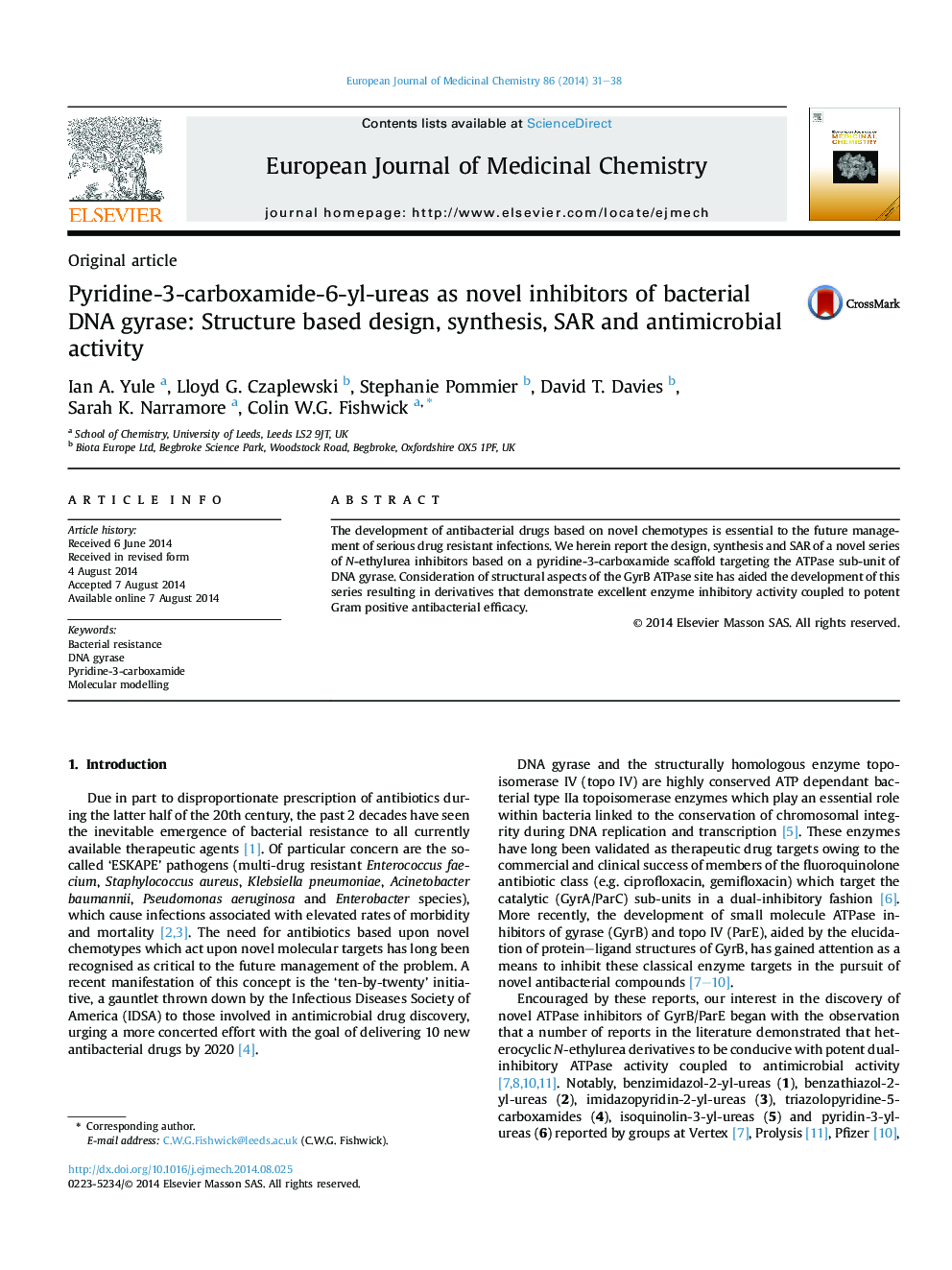 Pyridine-3-carboxamide-6-yl-ureas as novel inhibitors of bacterial DNA gyrase: Structure based design, synthesis, SAR and antimicrobial activity