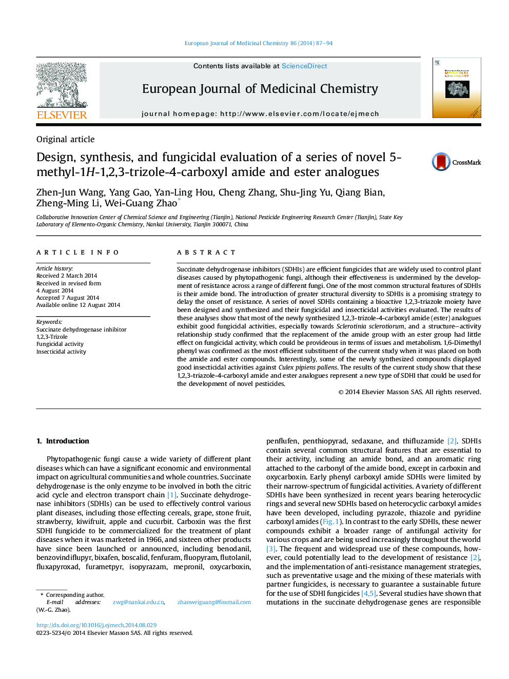 Design, synthesis, and fungicidal evaluation of a series of novel 5-methyl-1H-1,2,3-trizole-4-carboxyl amide and ester analogues