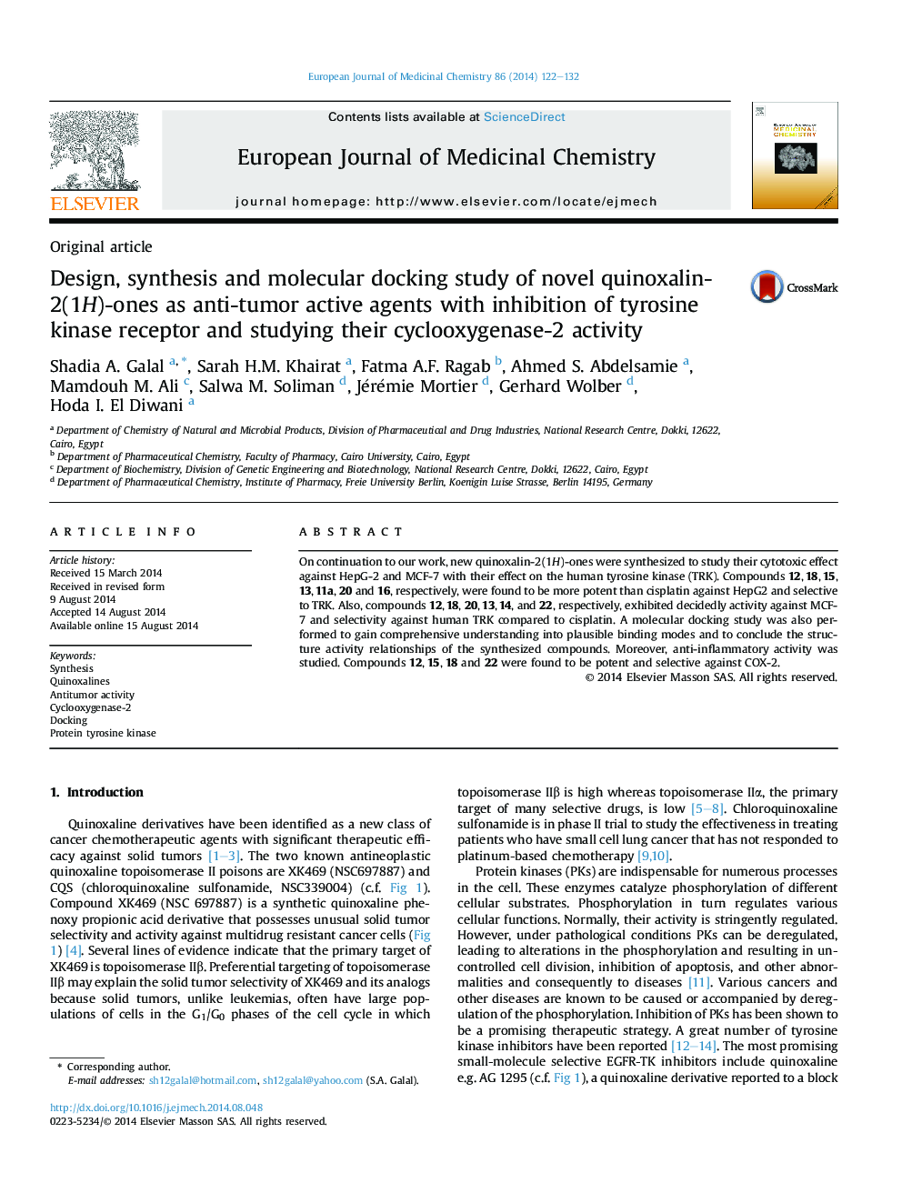 Design, synthesis and molecular docking study of novel quinoxalin-2(1H)-ones as anti-tumor active agents with inhibition of tyrosine kinase receptor and studying their cyclooxygenase-2 activity