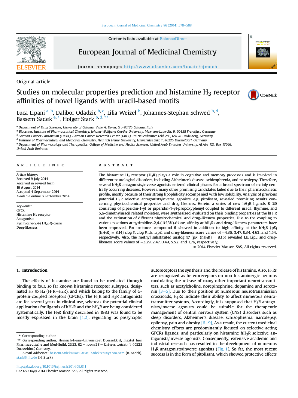 Studies on molecular properties prediction and histamine H3 receptor affinities of novel ligands with uracil-based motifs