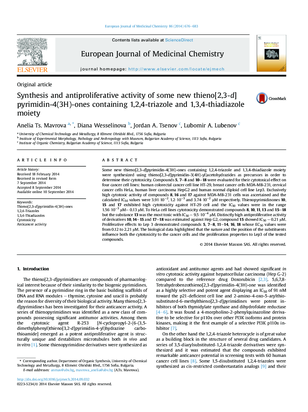 Synthesis and antiproliferative activity of some new thieno[2,3-d]pyrimidin-4(3H)-ones containing 1,2,4-triazole and 1,3,4-thiadiazole moiety