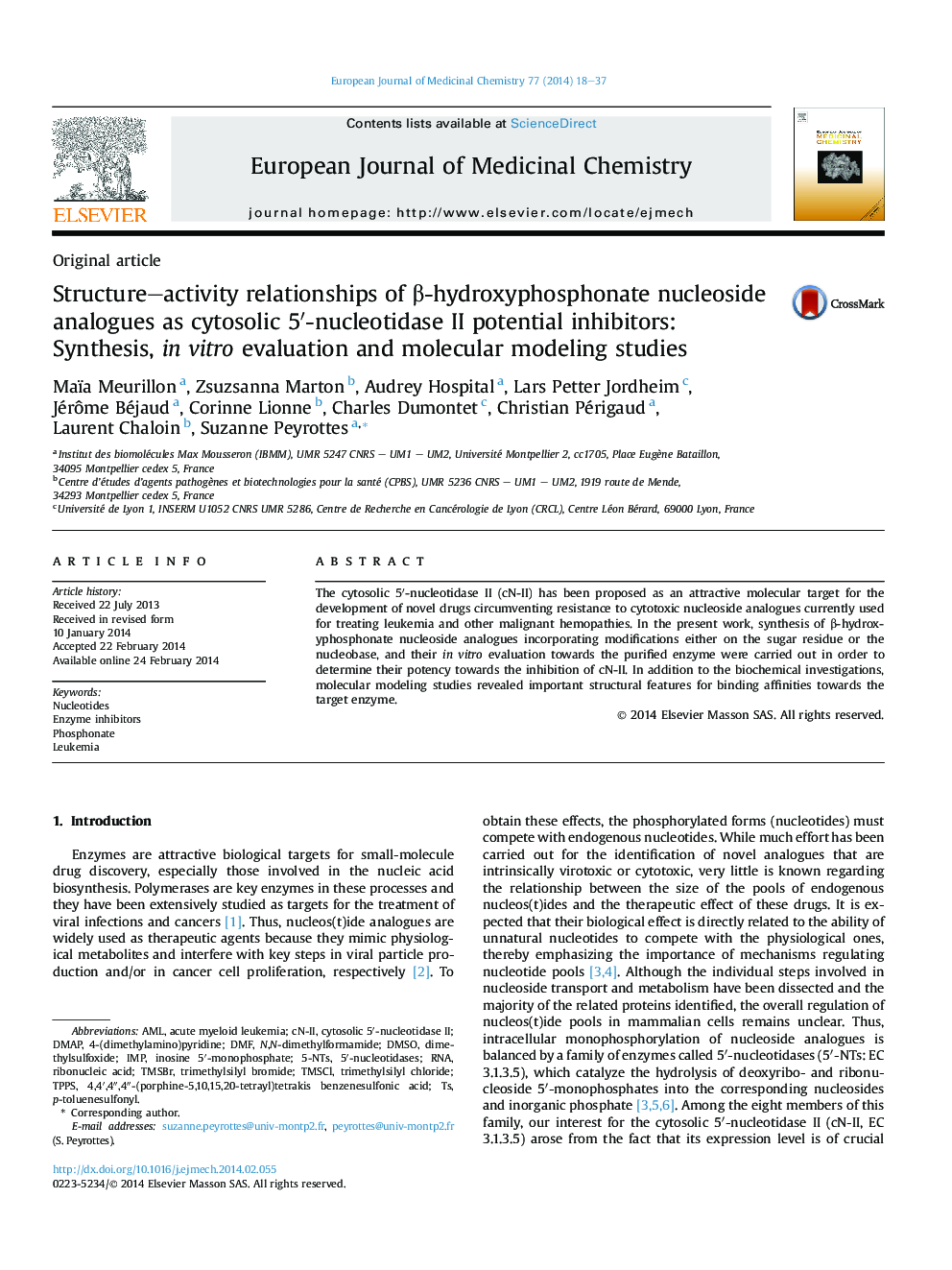 Structure–activity relationships of β-hydroxyphosphonate nucleoside analogues as cytosolic 5′-nucleotidase II potential inhibitors: Synthesis, in vitro evaluation and molecular modeling studies